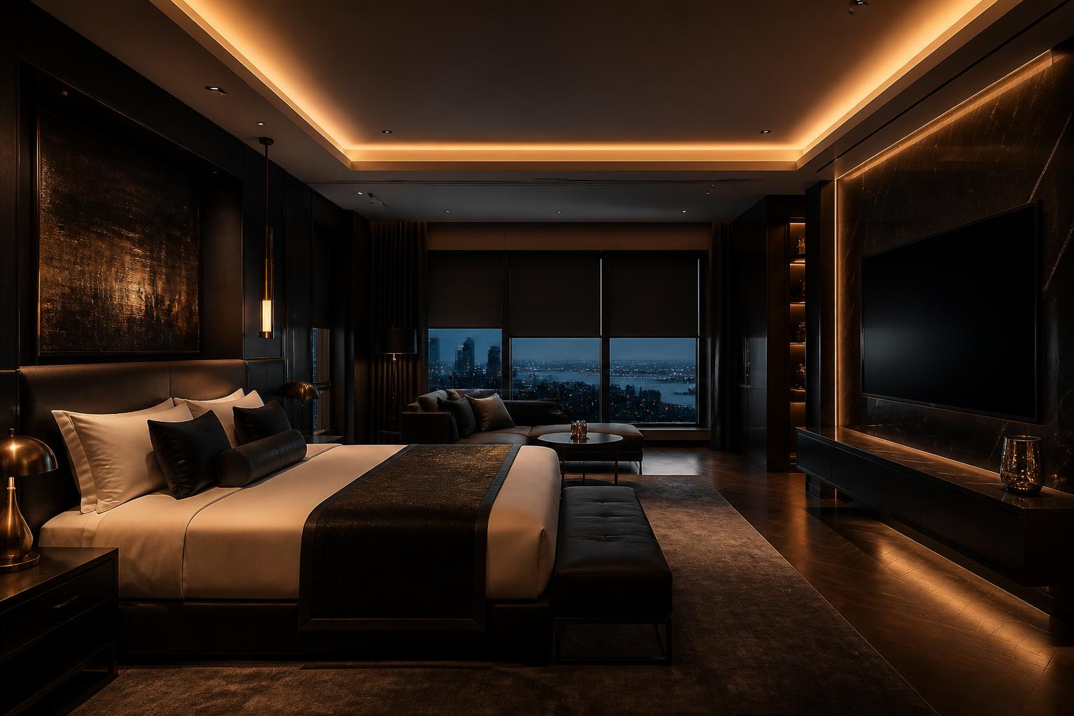 Luxury suite interior with connected lighting, climate and shading systems